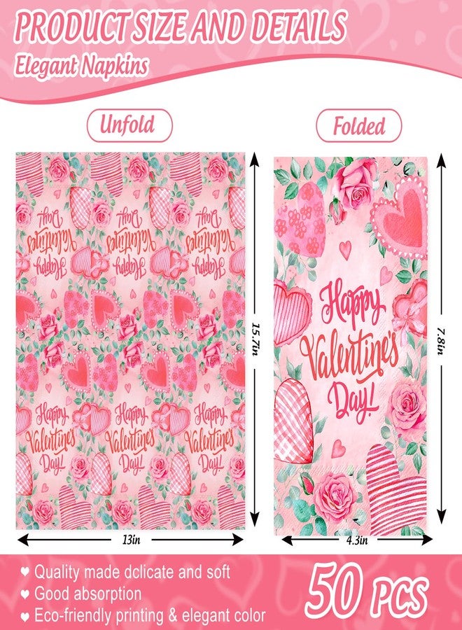 JarThenaAMCS 50Pcs Happy Valentine's Day Paper Guest Napkin Love Heart Floral Eucalyptus Bathroom Napkin Pink Disposable Guest Hand Towel For Home Party Supplies - Image 2